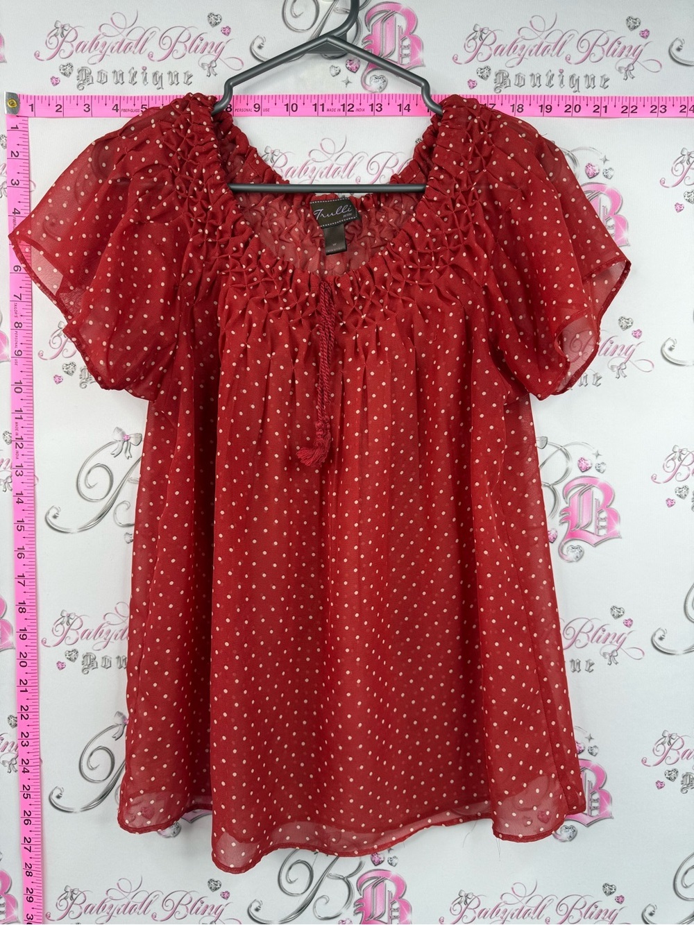 Trulli T-shirt blouse milkmaid tassel tie up Red Polka Dot Peasant Blouse